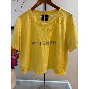 Kittenish Yellow Cropped Graphic Tee Leopard Print Logo Vintage Look Size XL